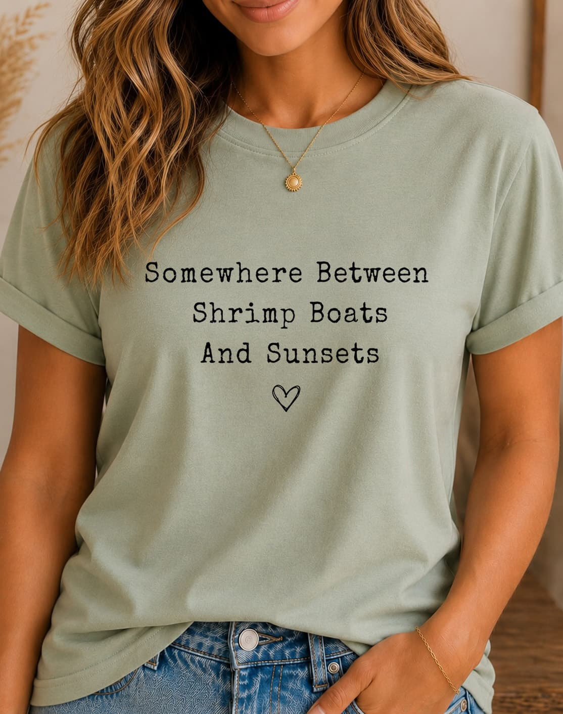Somewhere Between Shrimp Boats And Sunsets™ women's slogan t-shirt by ObjectHours